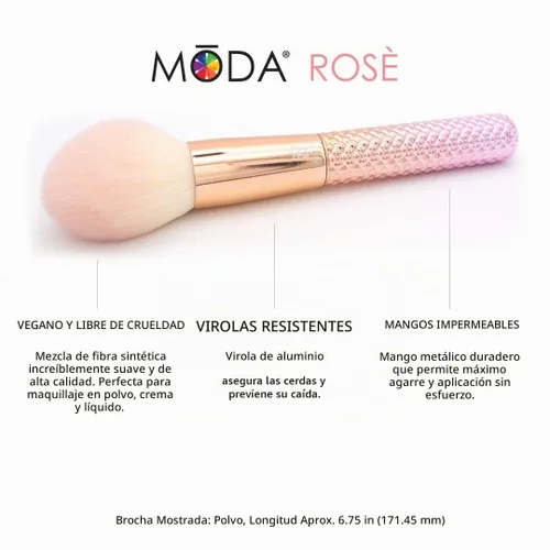 Vista 7 de MODA Juego de brochas de maquillaje de rosas metálicas, kit completo para rostro y ojos, filamentos sintéticos veganos, brochas de base, polvo