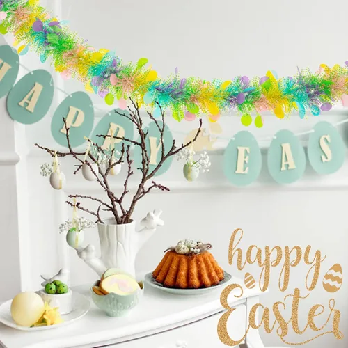 Vista 8 de Guirnalda de oropel de Pascua de 33 pies con diseño de huevo de Pascua metálico con confeti, guirnalda colgante de primavera, decoración para árbol