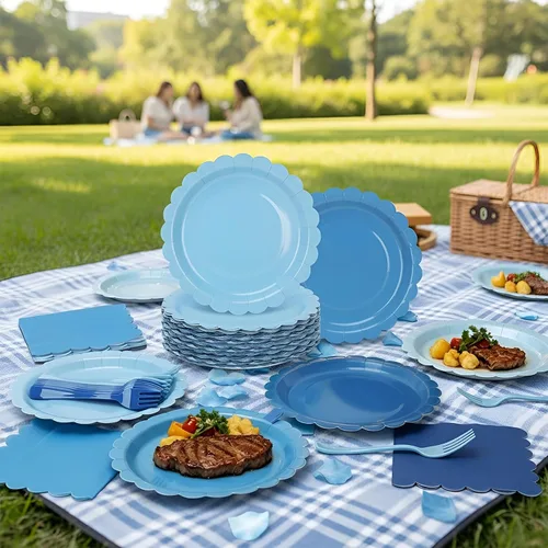 Vista 4 de Platos y servilletas de papel azul, incluye 24 platos azules degradados de 9 pulgadas, servilletas, tenedores, suministros de fiesta