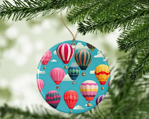 Vista 2 de Globo de aire caliente Festival Up in the Air Árbol de Navidad Adorno de vacaciones – Recuerdo – Adorno de cerámica – Idea de regalo – Árbol