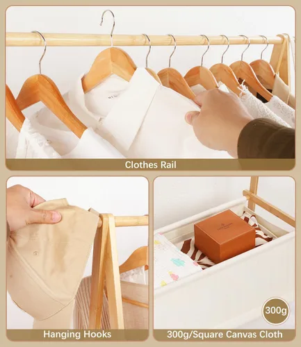 Vista 3 de Perchero de bambú con caja de almacenamiento, perchero portátil extra grande, armario plegable para entrada y habitación de cama (S)