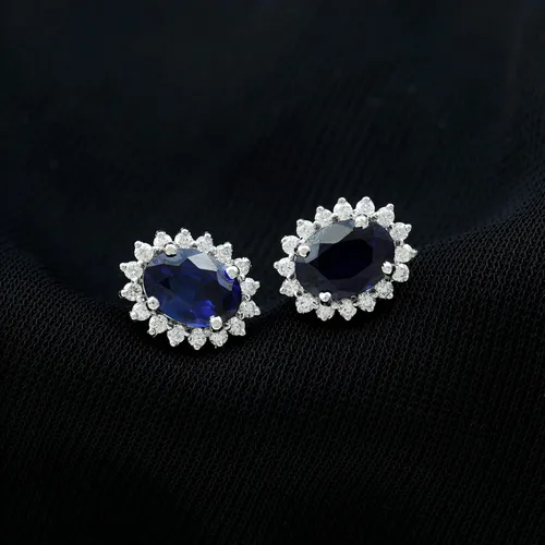 Vista 2 de Princess Diana Inspired Lab Created Blue Sapphire Earrings, Created Blue Sapphire Stud Earrings, Classic Created Blue Sapphire Earrings with