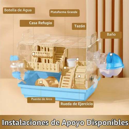 Vista 2 de Cycodo Jaula acrílica 8 en 1, jaula de hámster enano de 2 niveles con rueda y escondite de madera, hábitat de hámster pequeño con accesorios, casa
