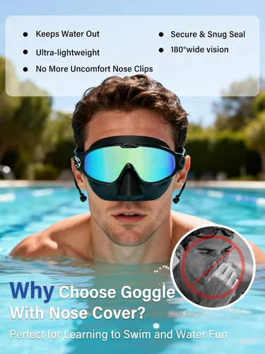 Vista 2 de Gafas de natación para adultos con cubierta de nariz para hombres y mujeres, paquete de 2 gafas de natación de visión amplia, antivaho, UV, sin
