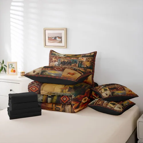 Vista 108 de Feelyou Juego de edredón de ciervo con sábanas – Tamaño Queen 7 piezas Juego de ropa de cama infantil de caza rústica – Cama de ciervo de cabaña