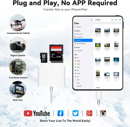 Vista 5 de Lector de Tarjetas SD para iPhone iPad Cámara con USB C, Lector de Tarjetas de Memoria con Ranura Dual Soporta Tarjetas SD/TF Visor de Cámara