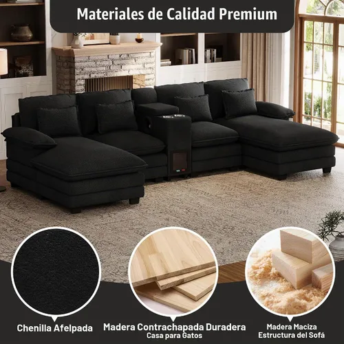 Vista 6 de Sofá nube en forma de U de 130 pulgadas con casa para gatos, sofá modular de gran tamaño para sala de estar, cómodo sofá grande de chenilla, juego