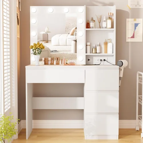 Vista 9 de Fameill Tocador de maquillaje con luces, escritorio de tocador de 37 pulgadas con espejo y luces, 4 cajones, 3 modos de iluminación, brillo