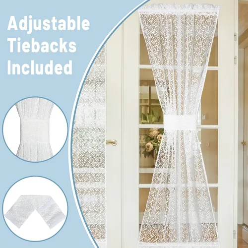 Vista 4 de Juego de 2 cortinas traslúcidas blancas para puerta francesa, 25 x 72 pulgadas, cortinas de gasa de encaje con ramas y hojas botánicas para patio