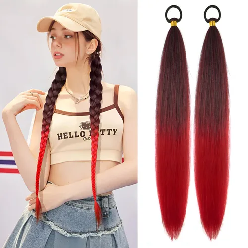 Vista 35 de Paquete de 2 extensiones de cola de caballo trenzada con lazo elástico, lacio, elegante envolvente, extensiones de cola de caballo de 26 pulgadas