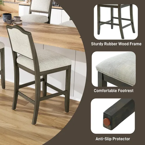 Vista 5 de Juego de 2 taburetes de bar de altura de mostrador, sillas de comedor rústicas con marco de madera de goma, respaldo ergonómico para isla de cocina