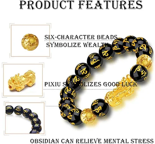 Vista 3 de Pulsera Feng Shui de obsidiana negra, personaje vietnamita Sagin Pixiu para protección que puede traer suerte y prosperidad, adecuada para cualquier