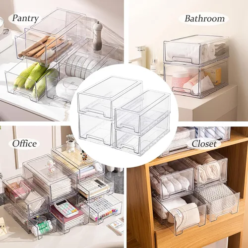 Vista 4 de Organizadores de refrigerador apilables transparentes y cajones de almacenamiento – Contenedores extraíbles para refrigerador con asas para cocina