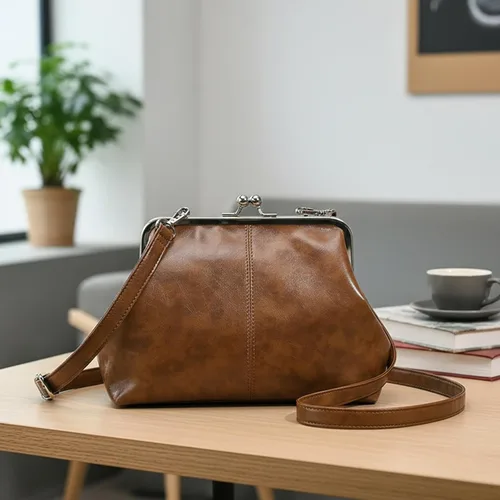 Vista 4 de Kiss Lock - Bolso cruzado vintage para mujer, de piel sintética retro, bolso de mano de noche, bolso grande marrón para otoño e invierno