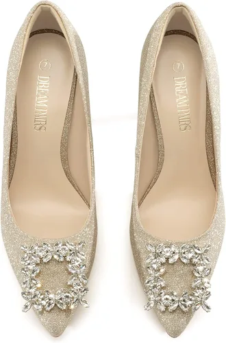 Vista 4 de DREAM PAIRS Zapatos de vestir de novia con punta cerrada para mujer, tacón de aguja brillante y sexy con punta puntiaguda