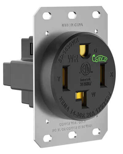 Vista 10 de Receptáculo/salida de dispositivo de hoja recta de carga EV de 30 amperios, resistente a la intemperie, NEMA 14-30R con placa de pared, grado