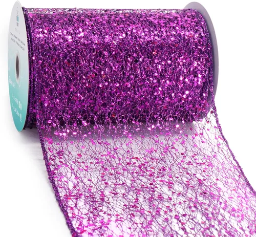 Vista 13 de Cinta con alambre de malla brillante con purpurina de 6 x 10 yardas, color negro para decoración del hogar, lazo para envolver regalos