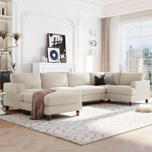 Vista 13 de Sofá modular de gran tamaño con otomana, lujoso juego de sofá modular en forma de L, sofá modular reversible de 7 plazas para sala de estar y beige