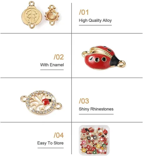 Vista 4 de KISSITTY 26 dijes de mariquita para hacer joyas, ganchillo, manualidades, decoración, esmalte de flores, mariquitas, cristales de diamantes