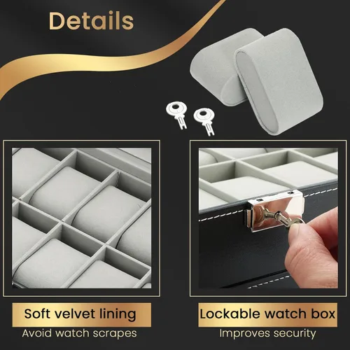 Vista 5 de Cajas de almacenamiento de reloj de piel sintética con 12 ranuras Organizador de relojes de 2 niveles, caja de almacenamiento de joyas para hombres