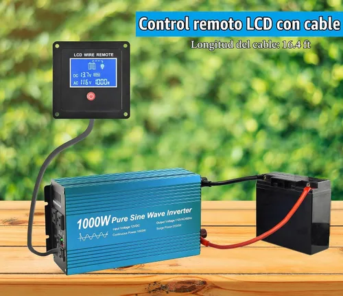 Vista 7 de Inversor de Potencia de Onda Senoidal Pura 1000W DC12V a AC 110V con enchufes duales y USB, kit con LCD y control remoto. (1000W)