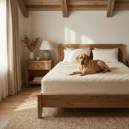 Vista 2 de Protector de colchón impermeable con relleno de lana lavable, parte superior de algodón natural, transpirable, regulador de temperatura, absorbe