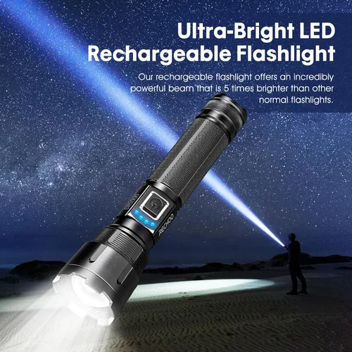 Vista 7 de RECHOO Linternas recargables de alto lúmenes, linternas tácticas de 1000 lúmenes, linterna LED súper brillante con 5 modos y zoom, luz de flash