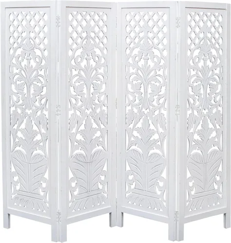 Vista 12 de Panel de pantalla de madera para divisor de habitación, blanco, plegable de 4 paneles de 64 x 48 pulgadas, tallado a mano, separador de privacidad
