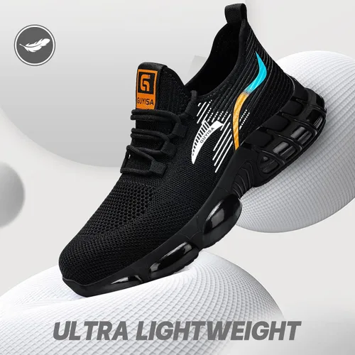 Vista 6 de BAIYIJIA Zapatos de punta de acero para hombre, zapatos de trabajo antideslizantes para construcción con amortiguación de aire, zapatos