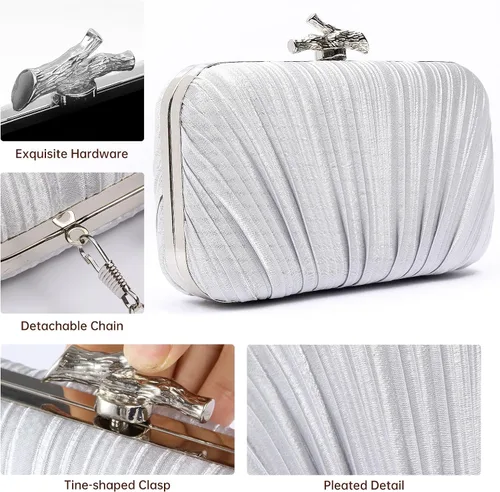 Vista 5 de Bolsos para mujer, bolso de noche, bolsos formales con pliegues para mujer con cadena para graduación, boda, fiesta de etiqueta negra