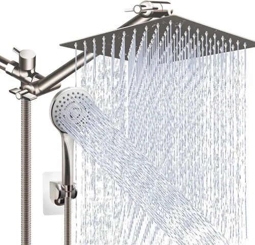 Vista 8 de Combo de cabezal de ducha (níquel cepillado), cabezal de ducha de lluvia de alta presión de 8 pulgadas con brazo de extensión ajustable de 11