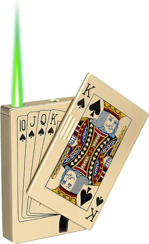 Vista 10 de Encendedor de antorcha de chorro, Ace Card Green Flame Lighter, diseño de póker de metal, resistente al viento, recargable, butano, encendedor