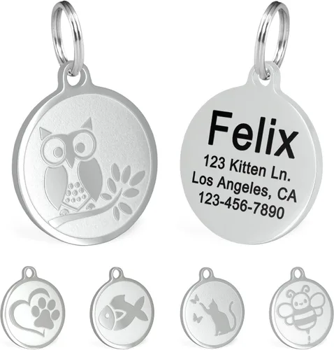 Vista 18 de Ultra Joys Etiquetas de nombre de gato grabadas personalizadas – Etiqueta de identificación de mascotas de acero inoxidable – Etiquetas