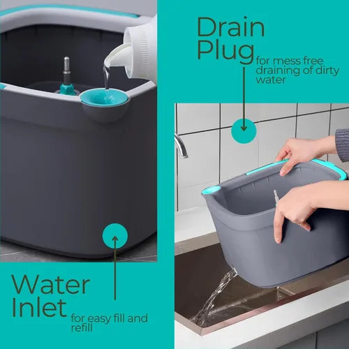 Vista 7 de TRUE & TIDY Sistema de trapeador giratorio cuadrado y cubeta – Doble cámara para agua limpia y sucia, trapeador giratorio de 360° con autoescurrido
