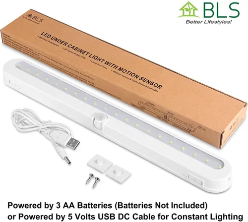 Vista 7 de BLS T01L - Luz LED para armario, súper brillante, 20 LED, iluminación debajo del gabinete, alimentada por batería/entrada de CC, luz inalámbrica