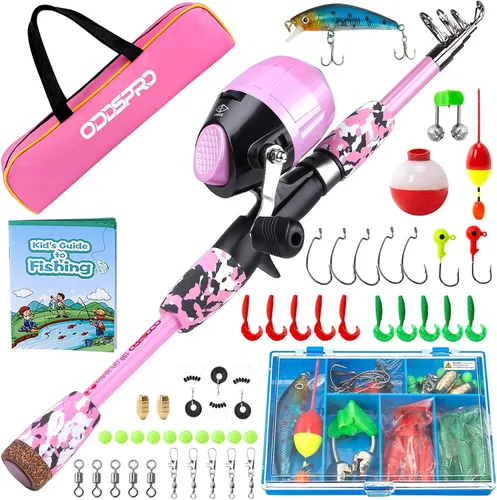 Vista 13 de ODDSPRO Caña de pescar para niños, kit combinado de caña de pescar y carrete telescópico portátil para niños, con caja de aparejos de pesca Spincast