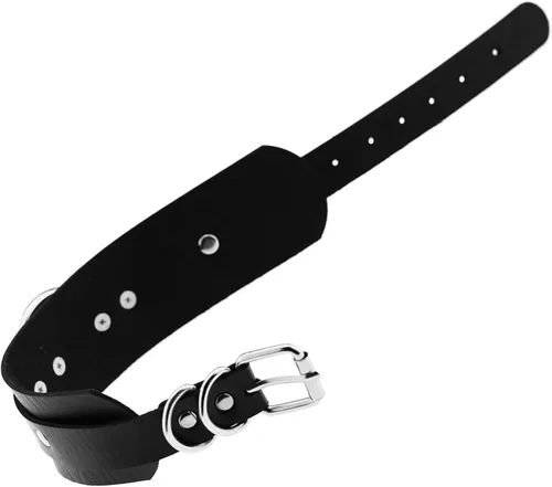 Vista 4 de Tosmifairy Gargantilla de piel sintética ancha negra para hombre, ajustable, gruesa, de poliuretano, para mujer, anillo redondo grande de aleación