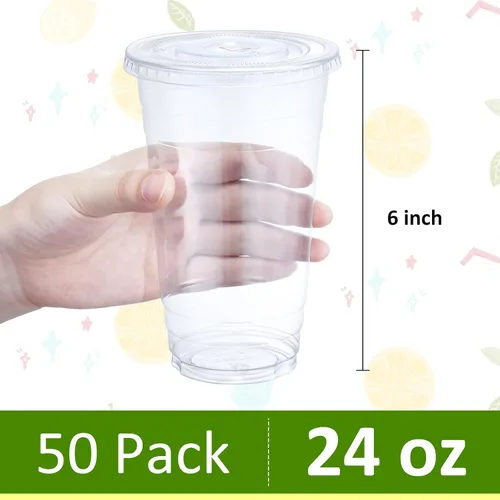 Vista 2 de Eupako Vasos de plástico de 24 onzas con tapas, transparentes desechables para llevar con tapas para café helado, bebidas frías, batidos, Bubble