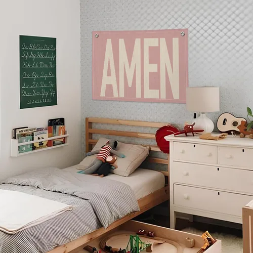 Vista 4 de Rosa "AMEN" Arte de Pared 20x30 Pulgadas - Decoración Cristiana Coquette, Colgante para Dormitorio de Niñas, Bandera de Oración de Lino, Letrero