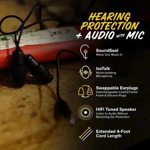 Vista 3 de Plugfones Guardian Plus - Auriculares intrauditivos híbridos con reducción de ruido con micrófono de aislamiento de ruido y controles (negro)