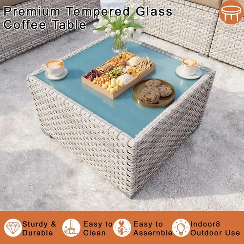 Vista 7 de Juego de muebles de patio de 6 piezas, sofá modular para exteriores con reposabrazos anchos, sofá de grupo de asientos de mimbre con mesa auxiliar