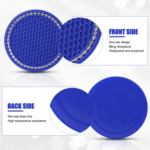 Vista 3 de OUZORP Paquete de 2 posavasos azules para automóvil con botón de arranque y anillo brillante, 1 paquete Posavasos antideslizantes para portavasos