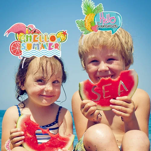 Vista 4 de 6 diademas de fiesta de verano para mujeres y hombres, accesorios hawaianos, diadema de papel tropical piña flamenco, diadema de verano, playa