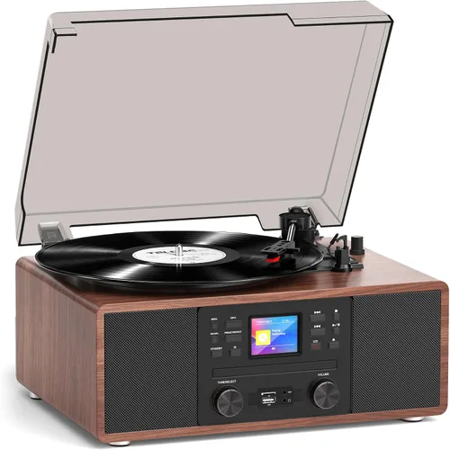 Vista 15 de Tocadiscos Bluetooth retro 10 en 1 con altavoces estéreo, tocadiscos de vinilo de 3 velocidades, reproductor de CD, reproducción y grabación USB/SD