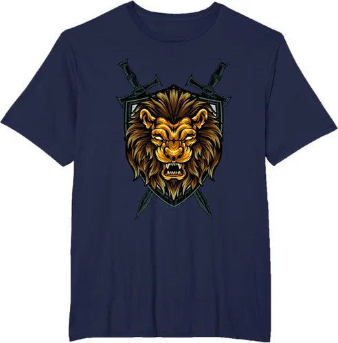 Vista 42 de Camiseta con diseño de caballero medieval renacentista, con diseño de espada de león, Negro, S