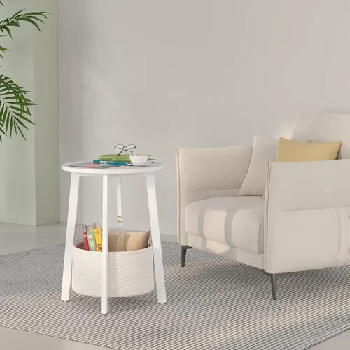 Vista 5 de sthmec Mesa auxiliar pequeña redonda con cesta de almacenamiento de tela, mesa de centro redonda con marco de metal para sofás de cama, mesas