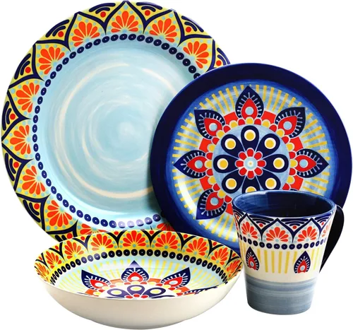 Vista 2 de Elama Zen Blue Mozaik - Juego de vajilla redonda multicolor con diseño de mandala, 16 piezas Azul