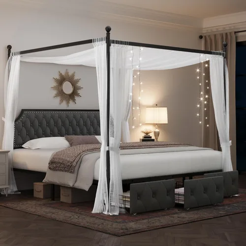 Vista 13 de Keyluv - Marco de cama con dosel tapizado tamaño King con 3 cajones y cabecera tapizada con botones, cama de plataforma metálica con 4 postes Beige