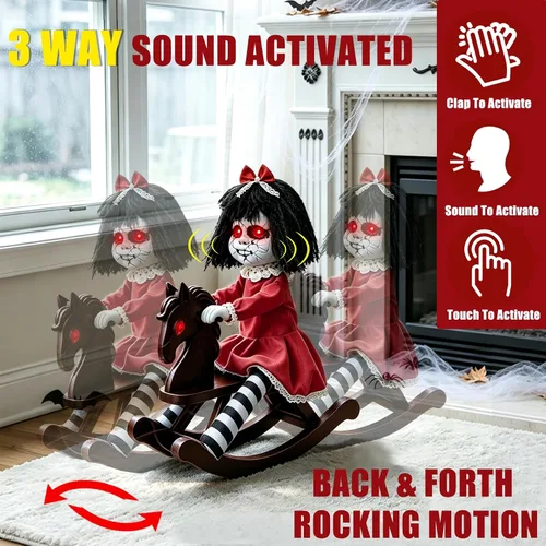 Vista 8 de Halloween Animatronic Decorations Girl Doll on Rocking Horse with Lights