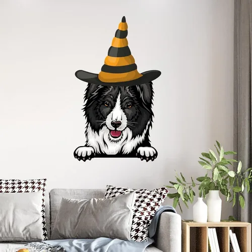 Vista 3 de Calcomanías de pared de Halloween, decoración de brujas, Border Collie, calcomanías de feliz Halloween, decoración de pared de Halloween, póster